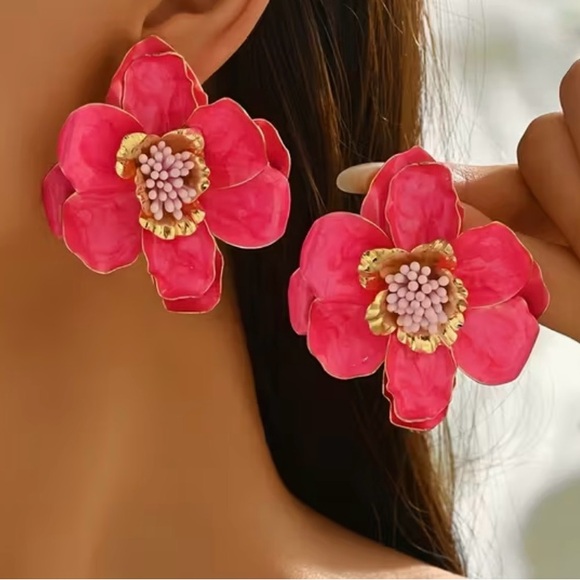 Bold Pink Floral Earrings - Picture 2 of 2